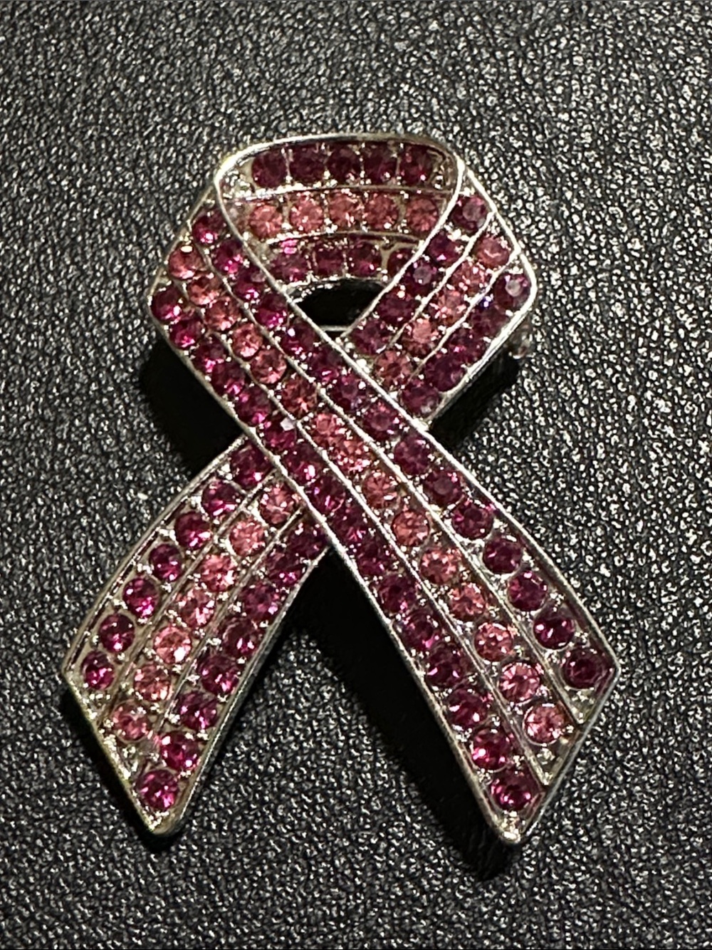 144.  Silver Tone Double Pink Rhinestone Ribbon Brooch